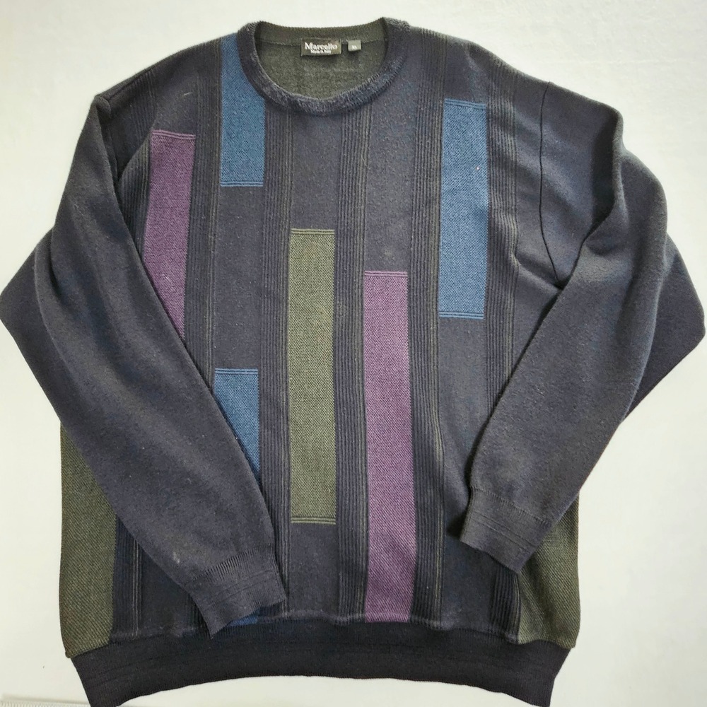 Marcello Italy Mens XL Merino Wool Blend Sweater Navy Blue Geometric‎ Colorblock